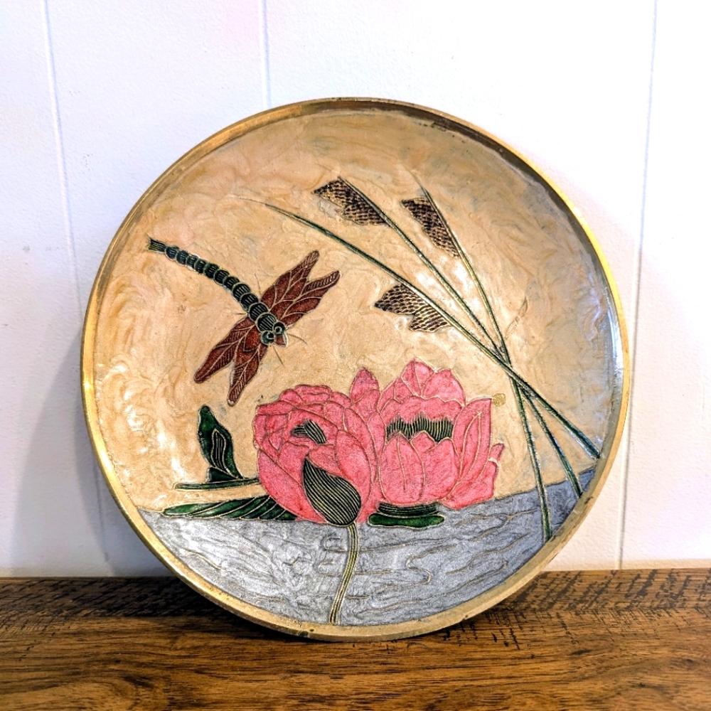 Vintage Brass Cloisonné Enamel Wall Plate India 20th Century Lotus and Dragonfly